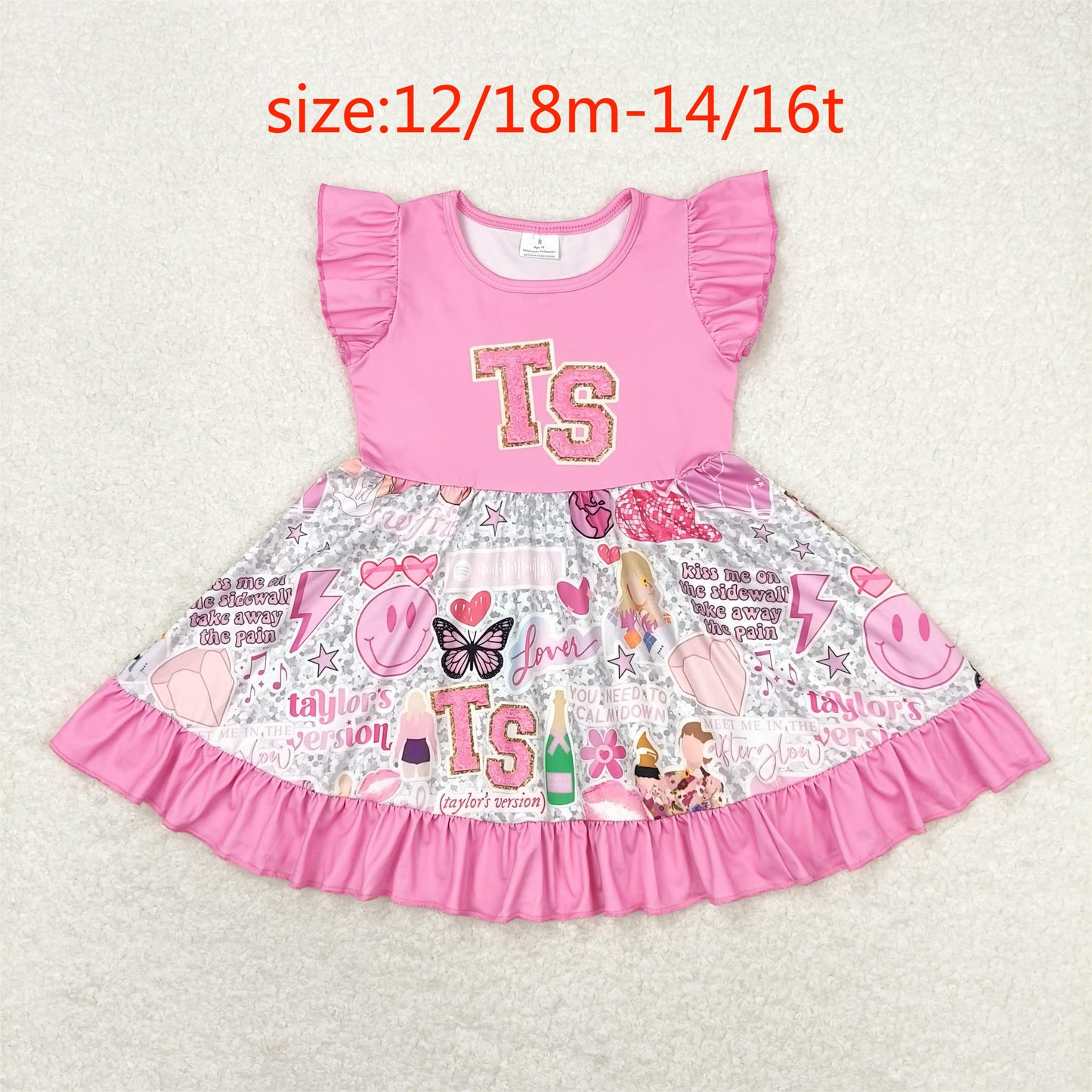 RTS no moq GSD0932 taylor swift ts letter pink lace flying sleeve dress