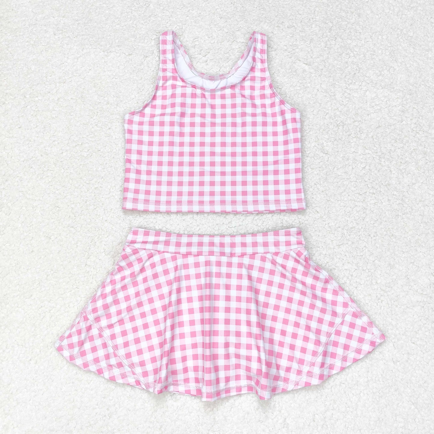rts no moq GSD0992 Pink and white plaid sleeveless skirt suit