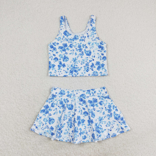 rts no moq GSD0995 Blue floral white sleeveless culottes suit