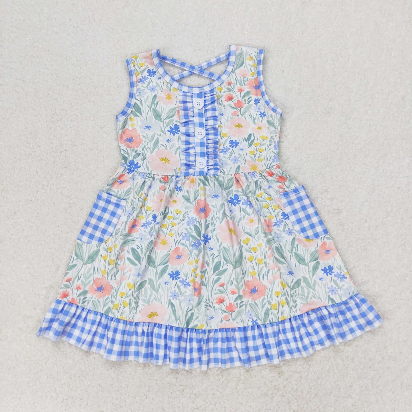 RTS no moq GSD1009 Floral floral blue and white plaid pocket lace sleeveless dress