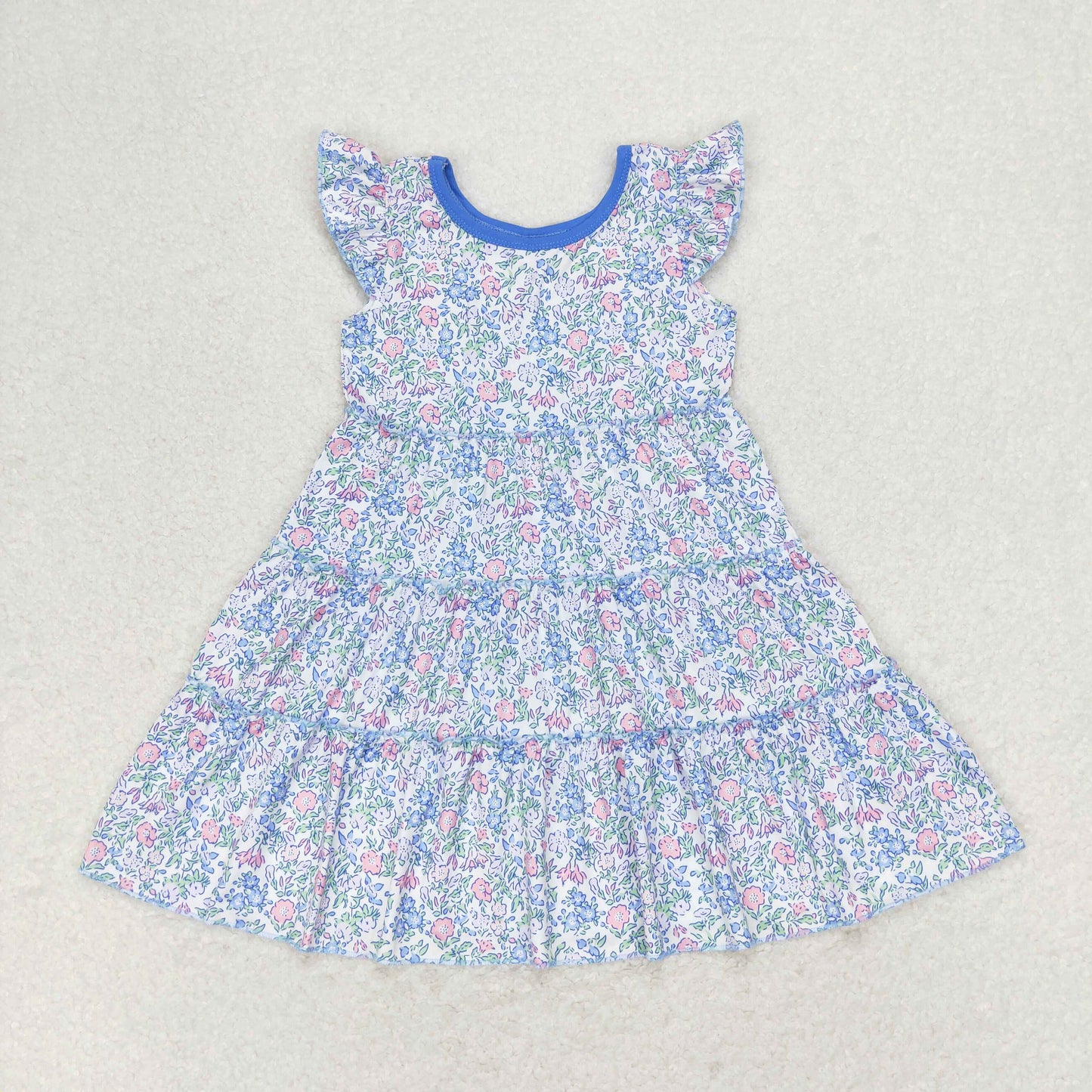 RTS no moq GSD1043 Floral floral blue and purple flying sleeve dress