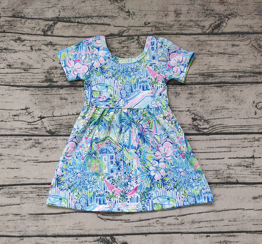 GSD1114 pre-order toddler clothes floral pattern blue short-sleeved dress