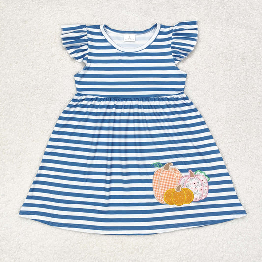 RTS no moq GSD1254 Embroidered flower pumpkin blue striped flying sleeve dress