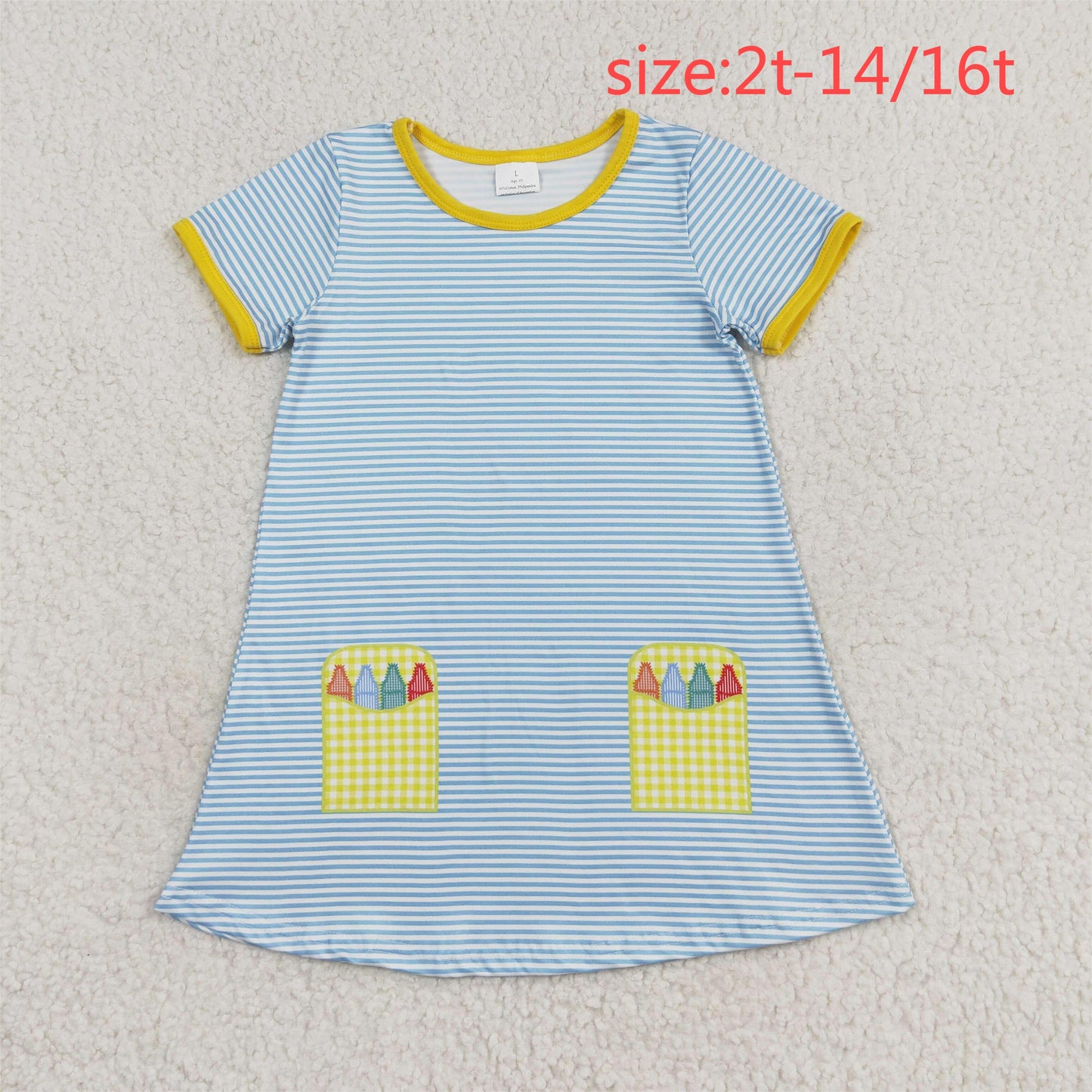 RTS no moq GSD1311 Pastel yellow plaid blue striped short-sleeved dress