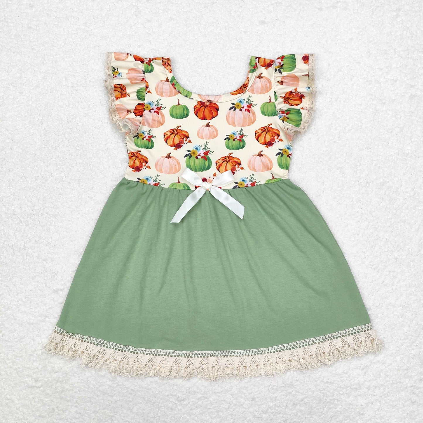 rts no moq GSD1326 Pumpkin flower lace green flying sleeve dress