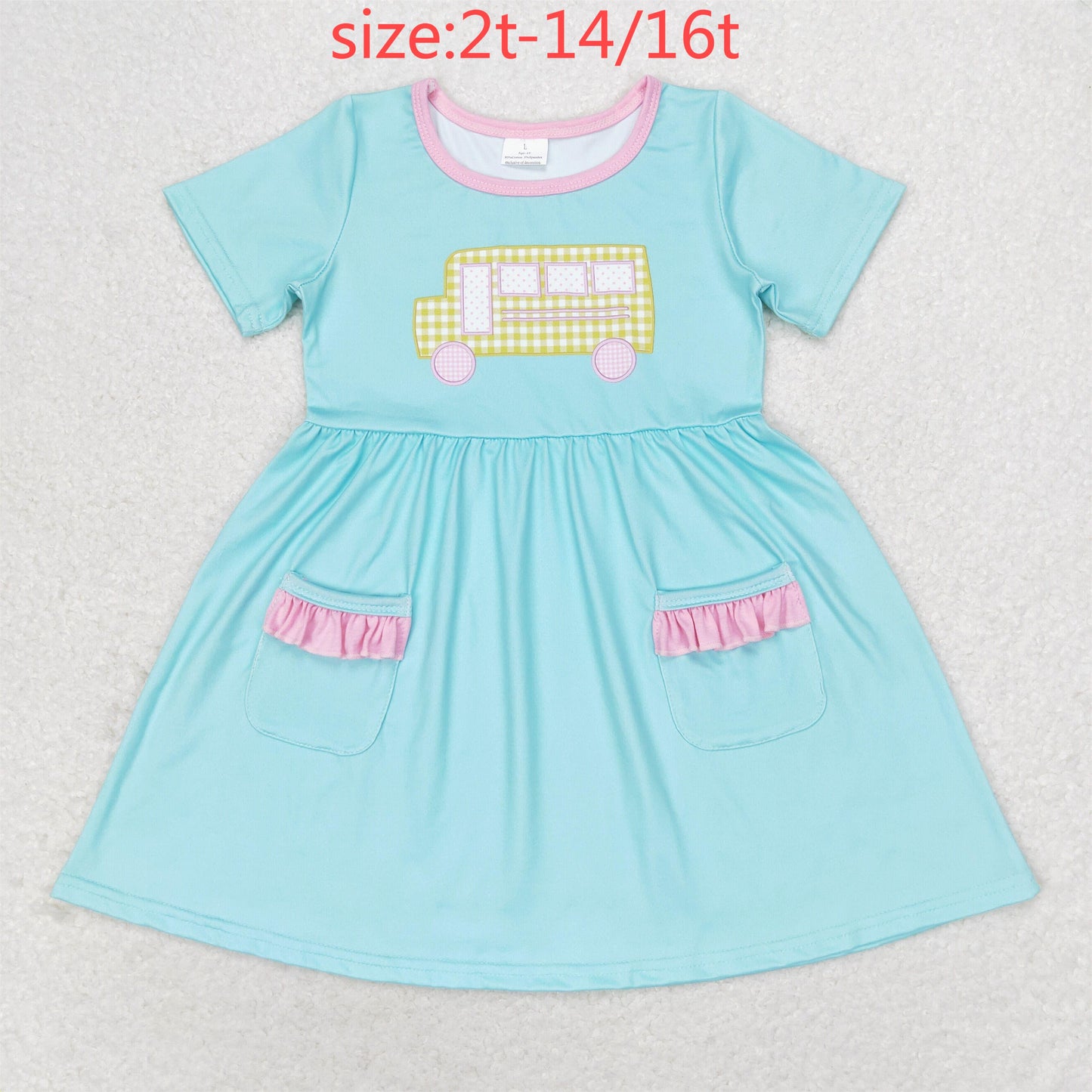 RTS no moq GSD1341 Yellow plaid school bus teal pocket short sleeve dress