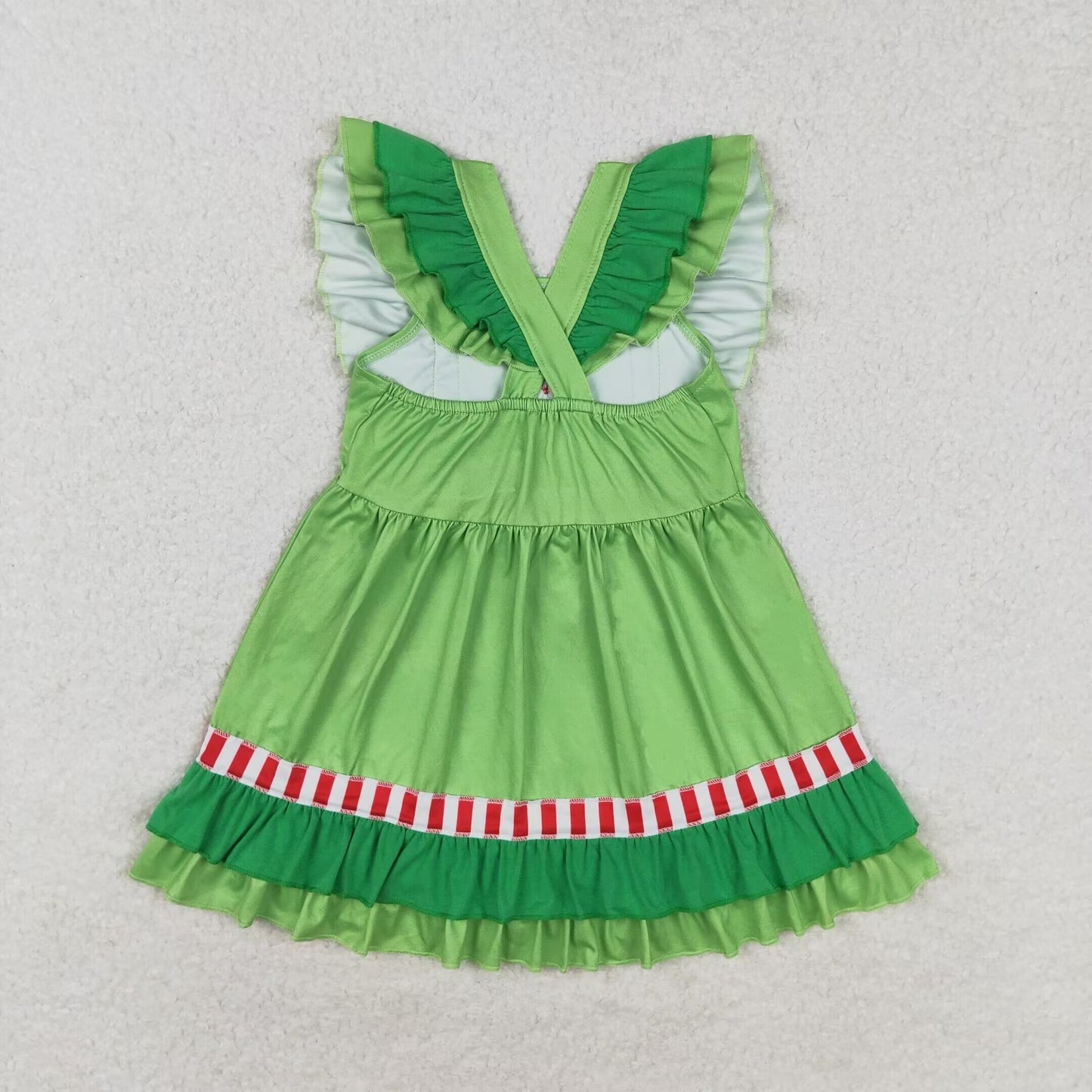 RTS no moq GSD1356 Heart red and white striped bow green lace flying sleeve dress