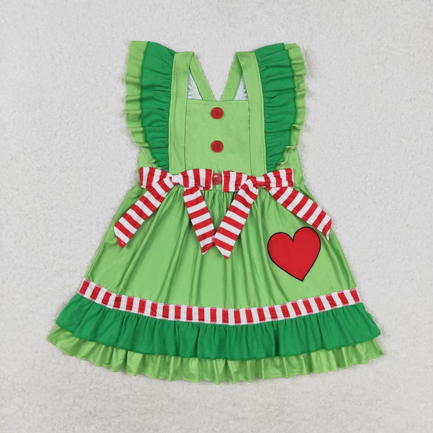 RTS no moq GSD1356 Heart red and white striped bow green lace flying sleeve dress