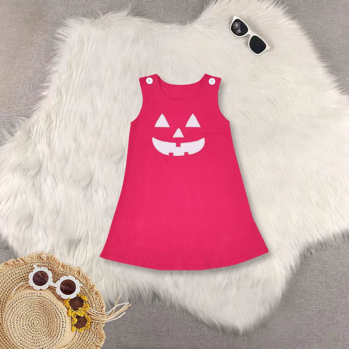 RTS NO MOQ Sibling baby girls clothes Embroidered Pumpkin Face Button Sleeveless Dress; Pink & Orange