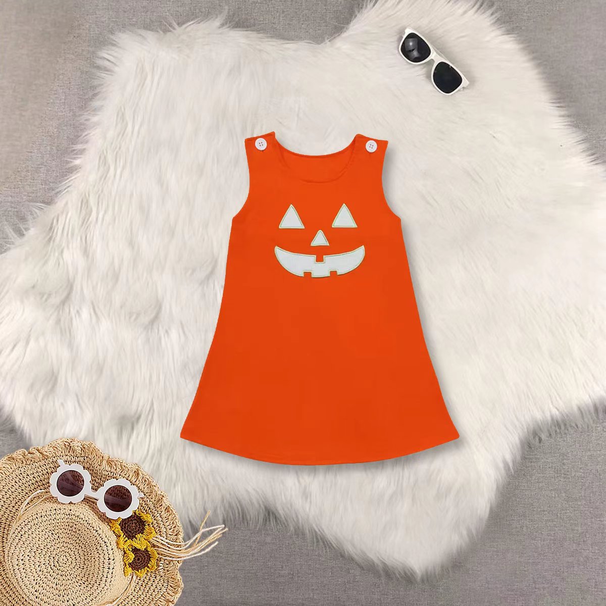RTS NO MOQ Sibling baby girls clothes Embroidered Pumpkin Face Button Sleeveless Dress; Pink & Orange