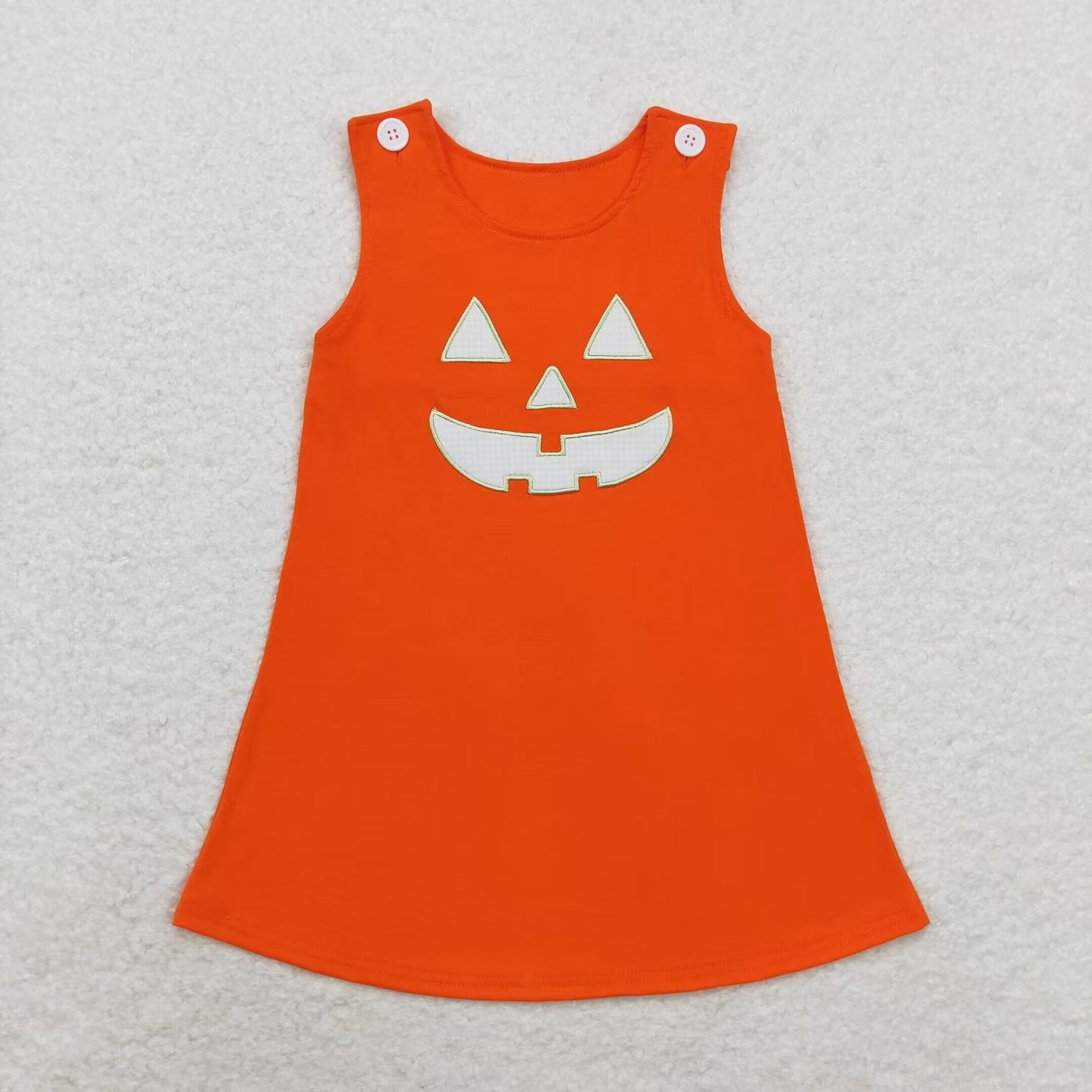 RTS no moq GSD1376 Embroidered Halloween Smiley Face Orange Sleeveless Dress