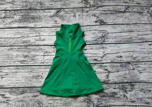 no moq GSD1380 pre-order baby girls clothes Solid green Zipper Yoga Wear Sleeveless Dress