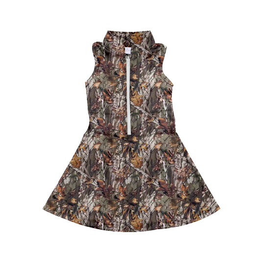 no moq GSD1384 pre-order baby girls clothes branches leaves camouflage zipper yoga wear sleeveless dress-2024.7.24
