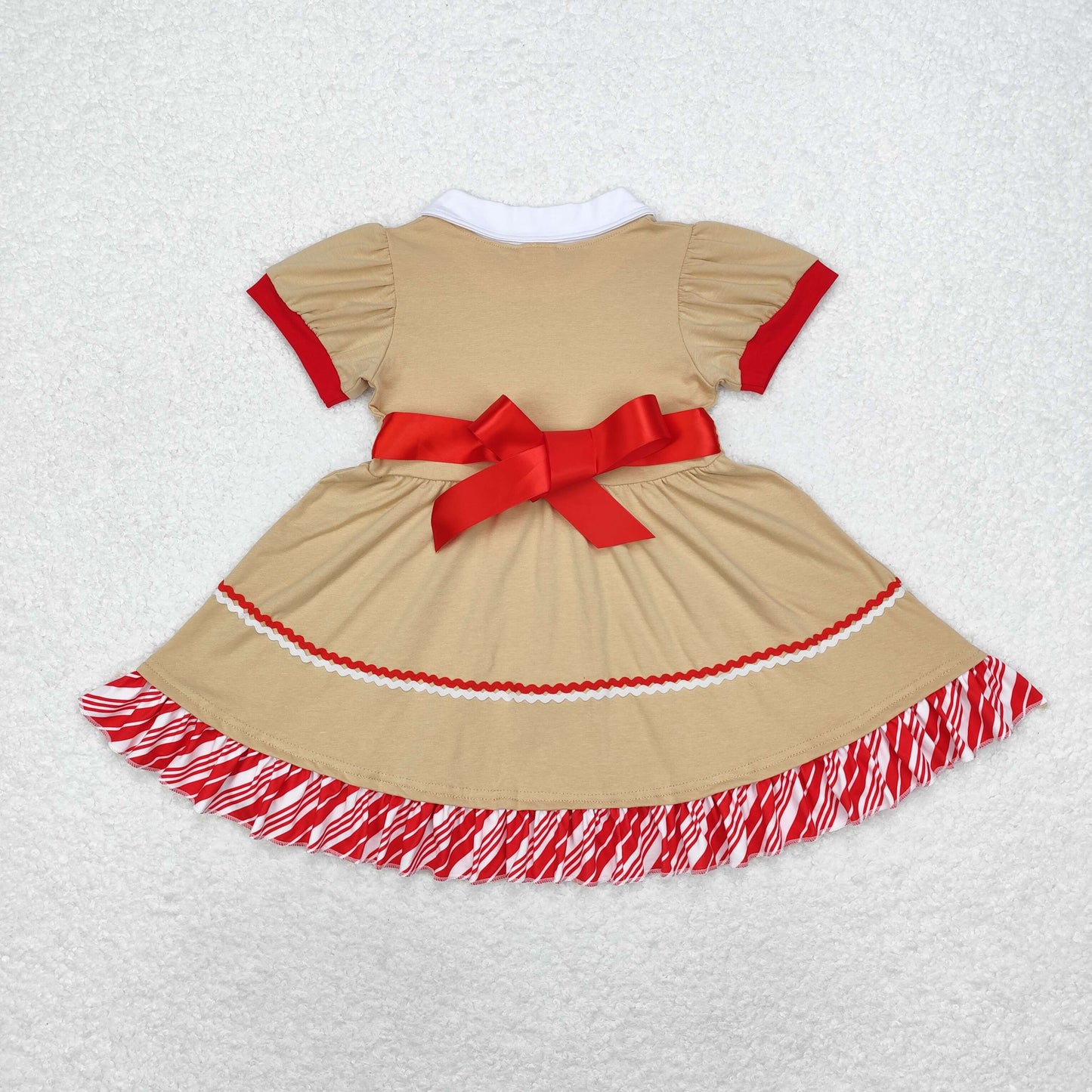 rts no moq GSD1389 Christmas doll collar striped lace red belt brown short-sleeved dress