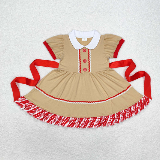 rts no moq GSD1389 Christmas doll collar striped lace red belt brown short-sleeved dress