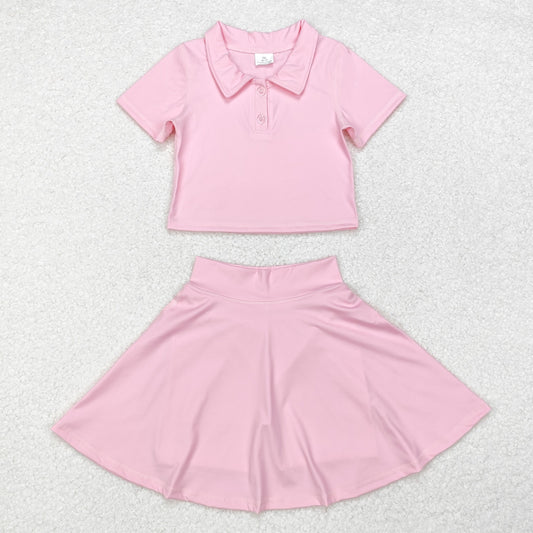 RTS NO MOQ ETA 5/7days arrived GSD1393 Pure pink short sleeve skirt yoga suit