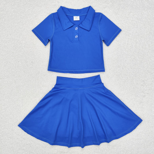 RTS NO MOQ ETA 5/7days GSD1396 Solid blue short-sleeved skirt yoga suit