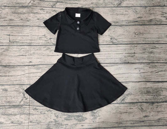 no moq GSD1397 pre-order baby girls clothes Solid black short-sleeved skirt yoga suit