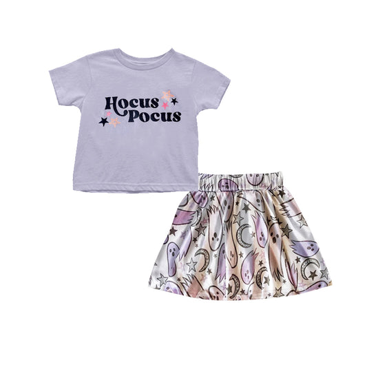 NO MOQ sales GSD1398 pre-order baby girls clothes hocus pocus light purple short Sleeve skirts Suit -2024.7.27