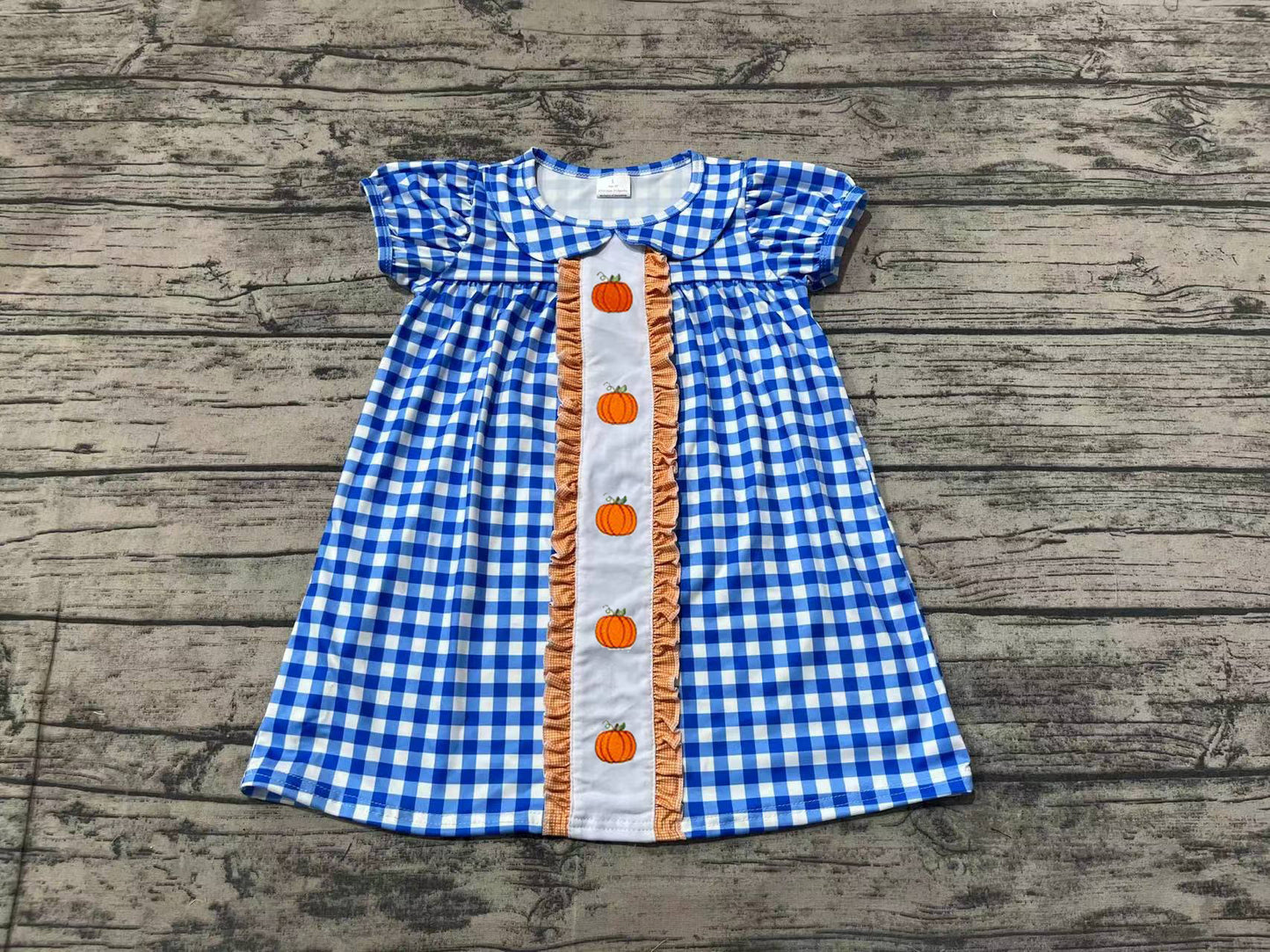 no moq GSD1412 pre-order baby girls clothes embroidery pumpkin blue short sleeve dress