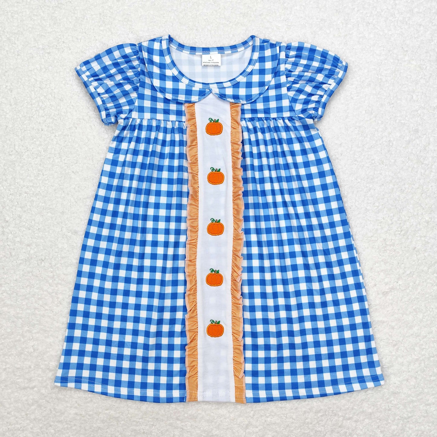 rts no moq GSD1412 Embroidered pumpkin blue plaid short-sleeved dress with doll collar