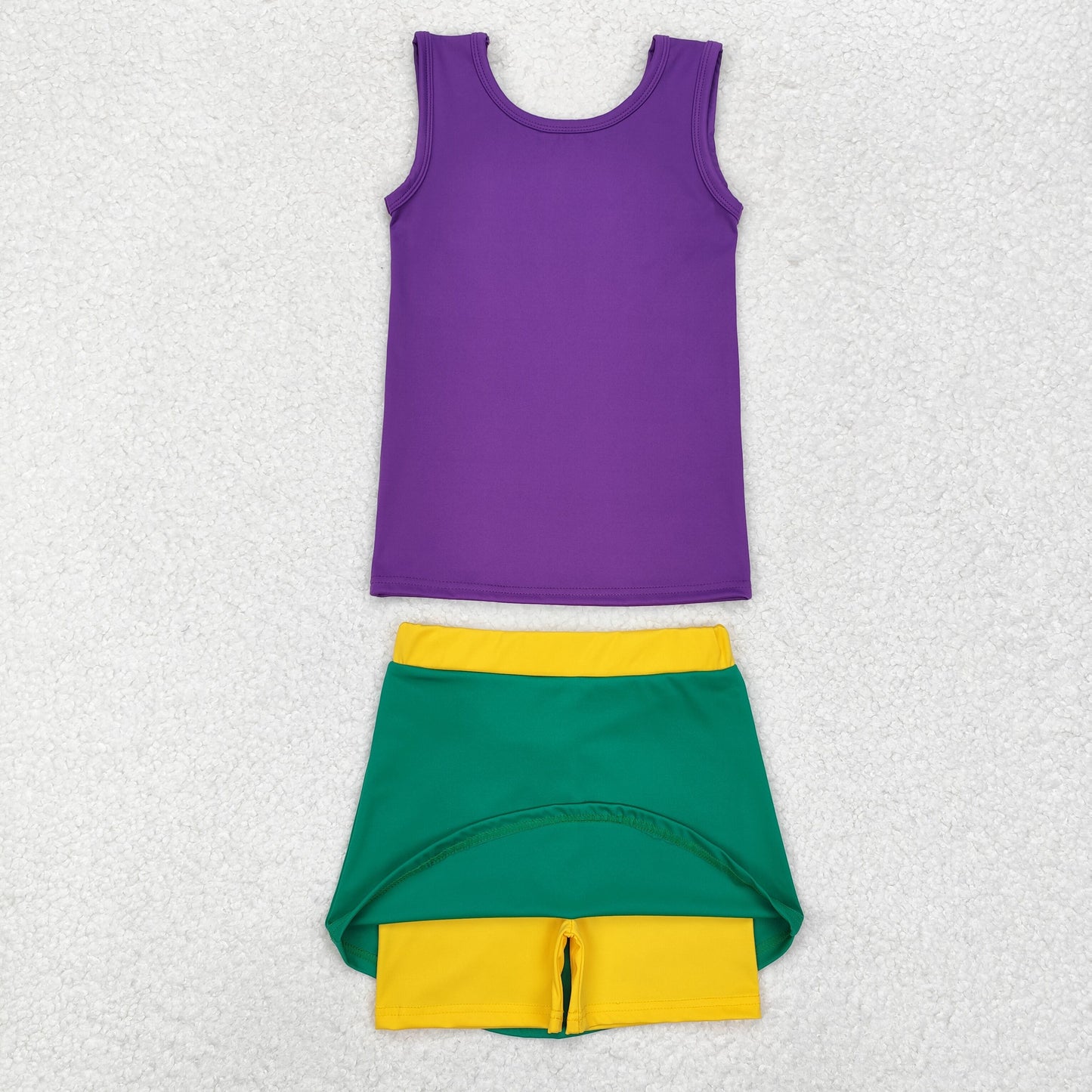 RTS NO MOQ ETA 5-7DAYS ARRIVED GSD1432 Pure purple sleeveless vest and yellow green sports skirt suit