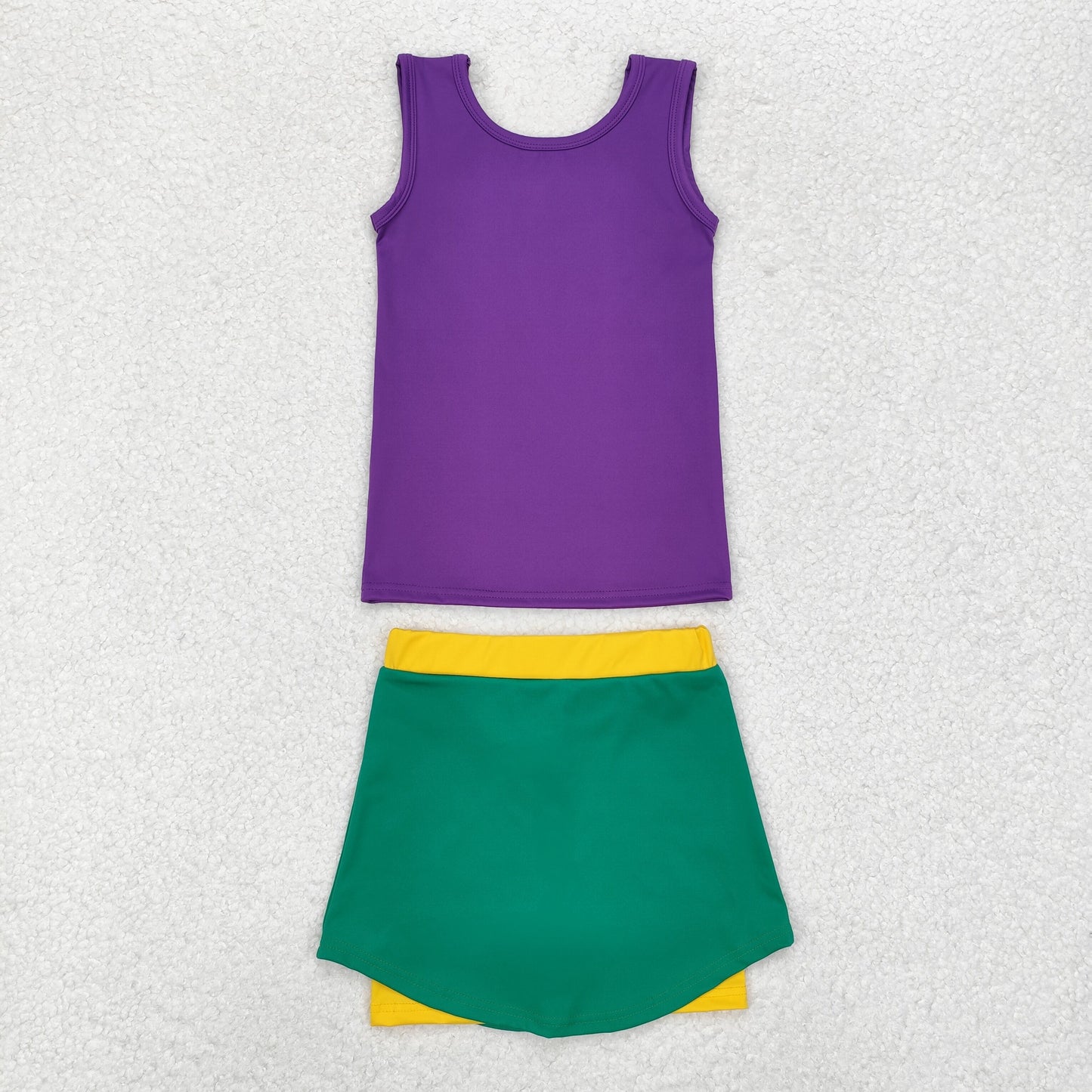 RTS NO MOQ ETA 5-7DAYS ARRIVED GSD1432 Pure purple sleeveless vest and yellow green sports skirt suit