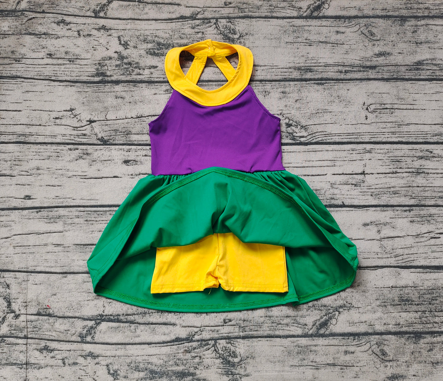 no moq GSD1433 pre-order baby girls clothes purple,green and yellow sleeveless dress