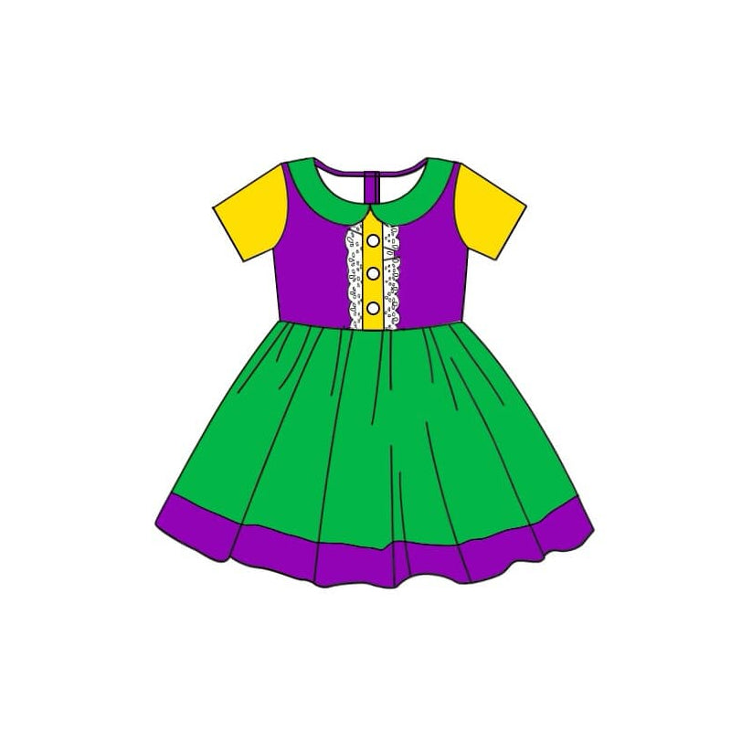 no moq GSD1454 pre-order baby girls clothes purple green and yellow short sleeve dress-2024.10.8