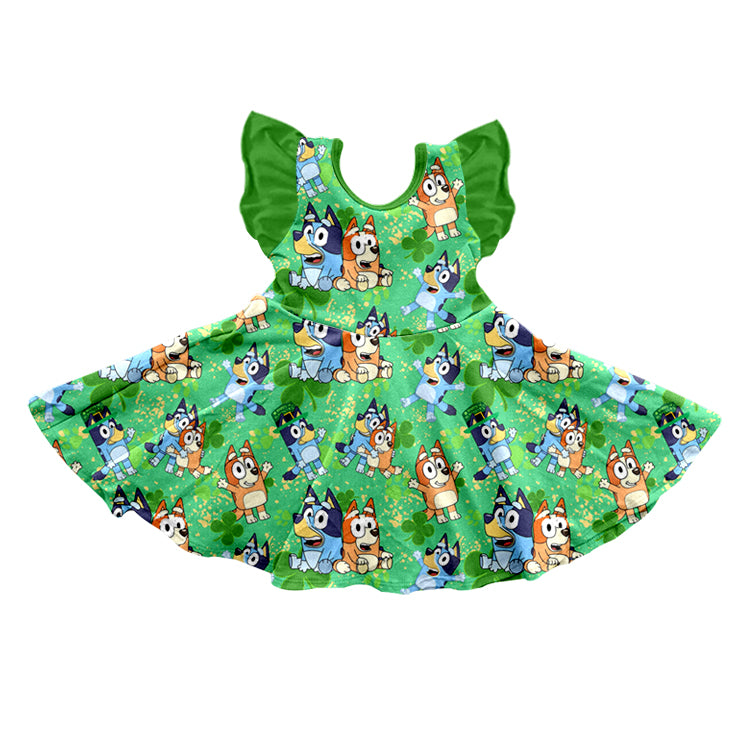 no moq GSD1464 pre-order baby girls clothes cartoon dog green flying sleeve dress-2024.10.15