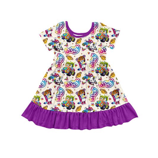 no moq GSD1472 pre-order baby girls clothes cartoon dog purple short sleeve dress-2024.10.17