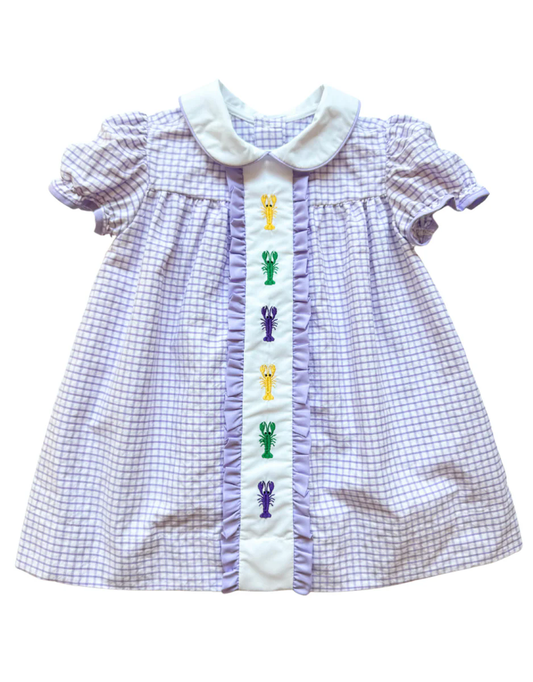 no moq GSD1473 pre-order baby girls clothes MARDI GRAS crayfish purple short sleeve dress-2024.10.17