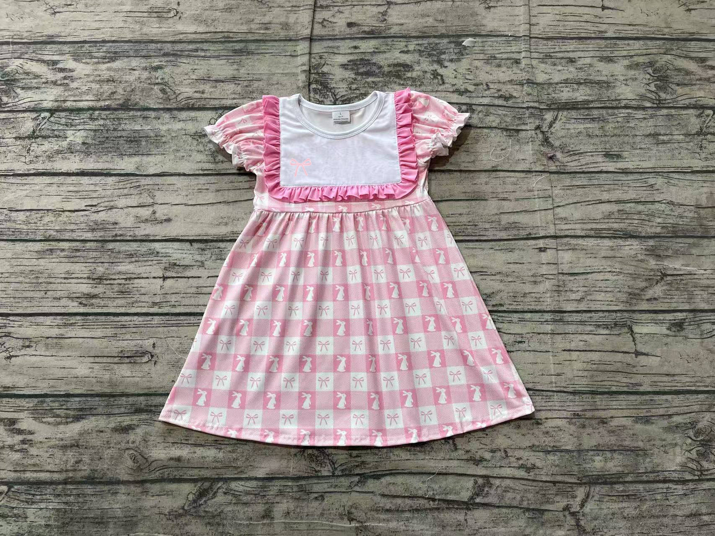 no moq GSD1578 pre-order baby girls clothes embroidery easter bow pink short sleeve dress