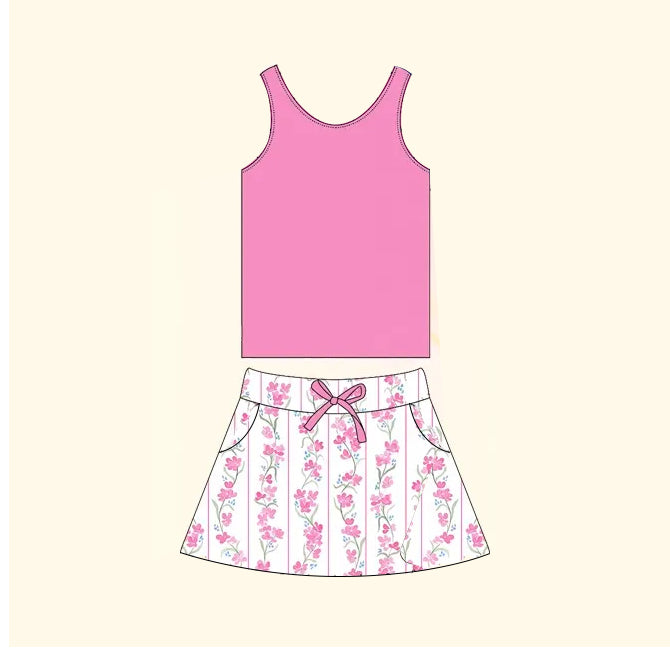 no moq GSD1597 PRE-ORDER baby girl clothes floral pink sleeveless skirts set-2024.11.16