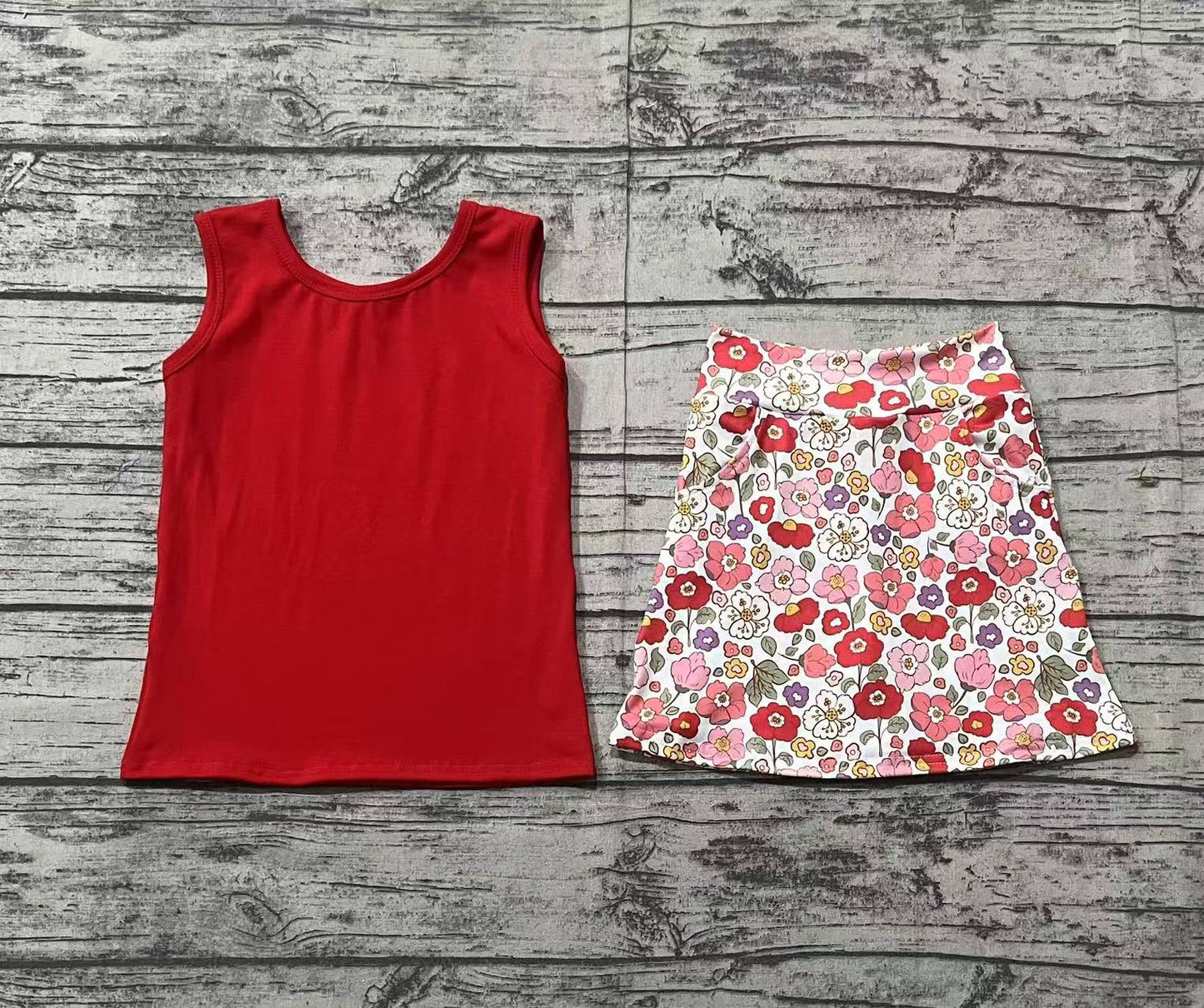 no moq GSD1598 PRE-ORDER baby girl clothes floral red sleeveless skirts set