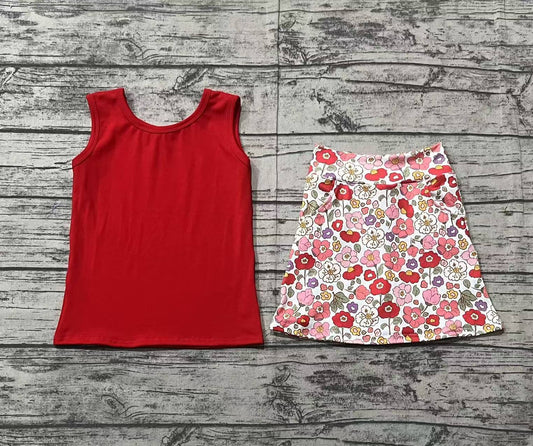 no moq GSD1598 PRE-ORDER baby girl clothes floral red sleeveless skirts set