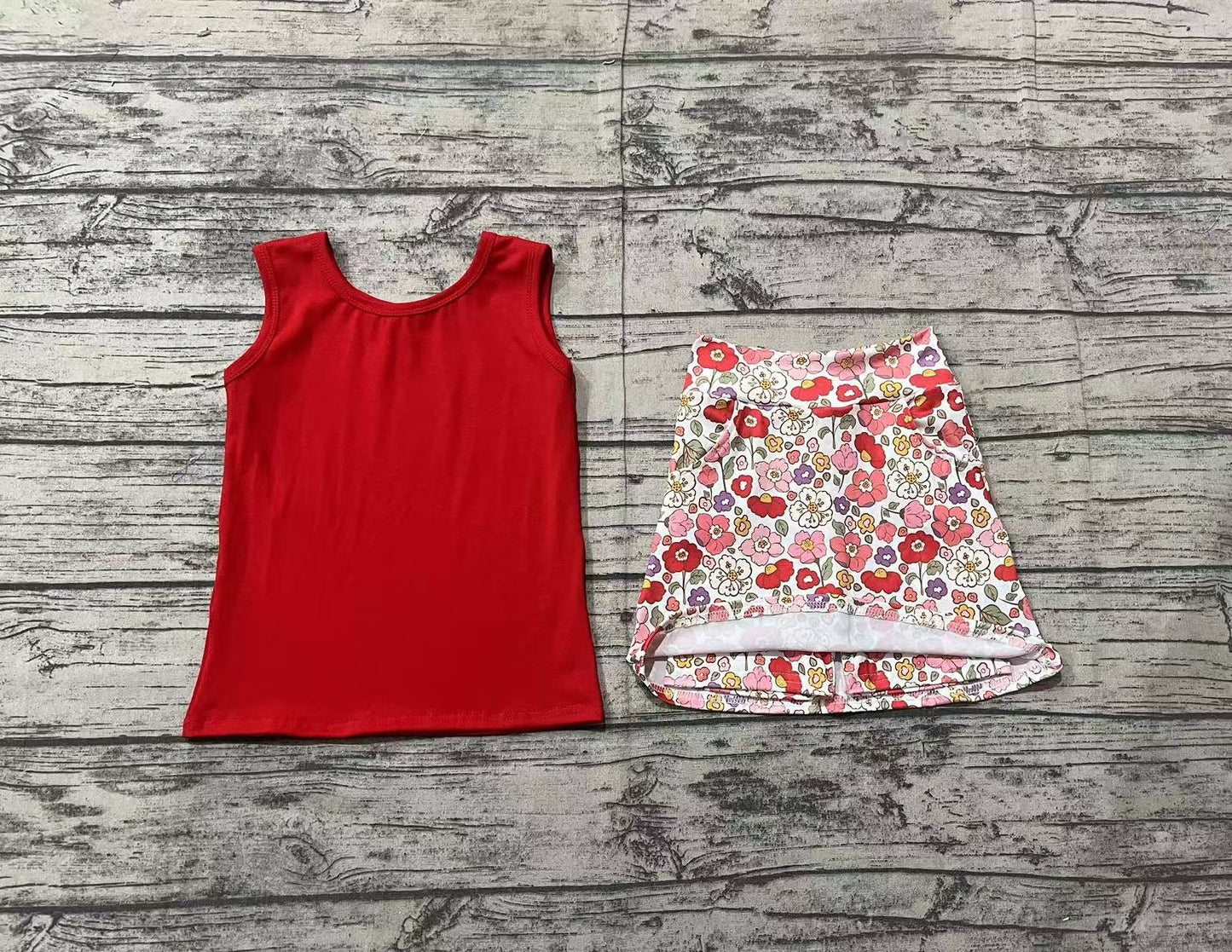 no moq GSD1598 PRE-ORDER baby girl clothes floral red sleeveless skirts set