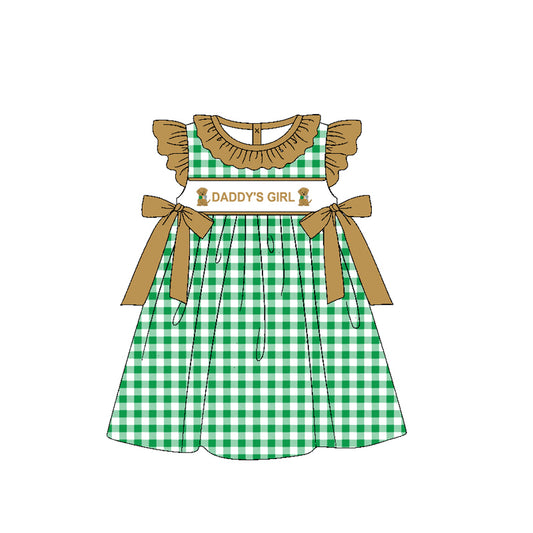 no moq GSD1608 pre-order baby girls clothes DADDY GIRL puppy green flying sleeve dress-2024.11.20