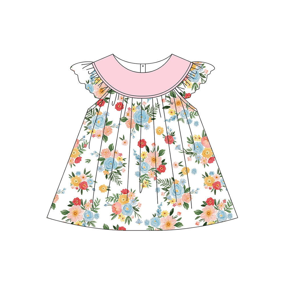 no moq GSD1610 pre-order baby girls clothes floral pink flying sleeve dress-2024.11.20