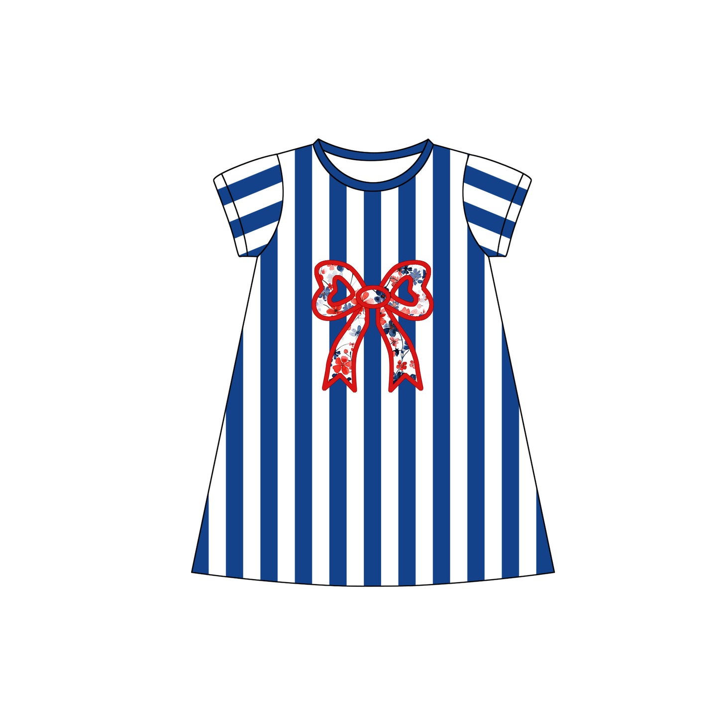 no moq GSD1627 pre-order baby girls clothes bow floral blue striped short sleeve dress-2024.11.25