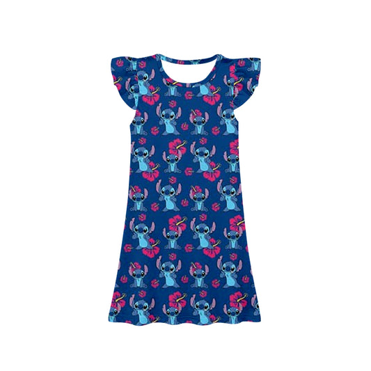 no moq GSD1635 pre-order baby girls clothes stitch blue flying sleeve dress-2024.11.28