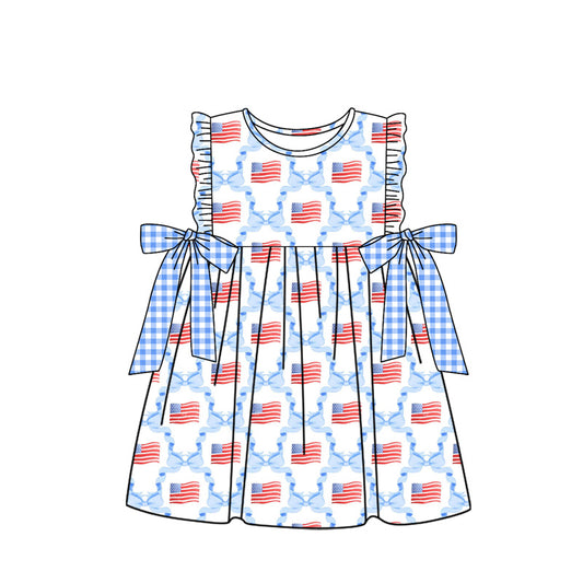 no moq GSD1641 pre-order baby girls clothes 4th of july flag bow blue sleeveless dress-2024.11.29