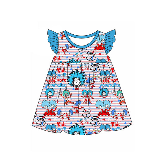 no moq GSD1645 pre-order baby girls clothes KIDS LOVE dr seuss blue flying sleeve dress-2024.11.29