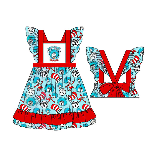 no moq GSD1647 pre-order baby girls clothes dr seuss blue flying sleeve dress-2024.11.29