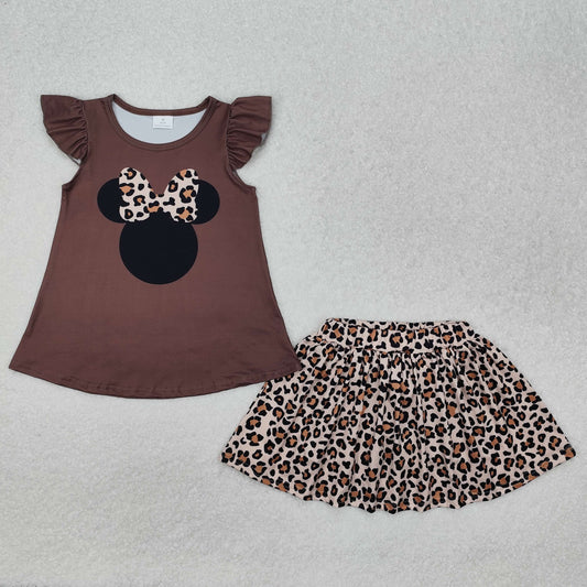 RTS NO MOQ ETA 5/7days Arrived GSD1664 leopard print bow Mickey Minnie brown flying sleeve pants skirt suit