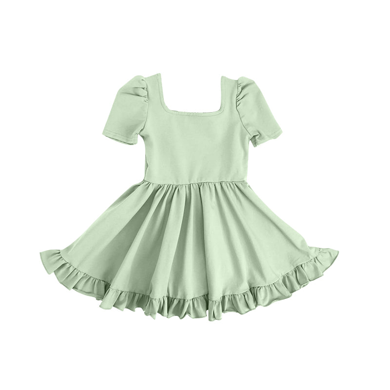 no moq GSD1676 pre-order baby girls clothes solid color green short sleeve dress-2024.12.7