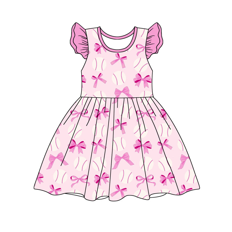 no moq GSD1690 pre-order baby girls clothes bow baseball pink flying sleeve dress-2024.12.10