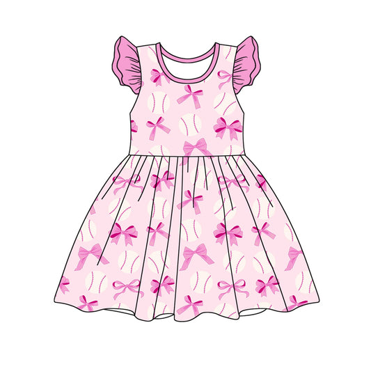 no moq GSD1690 pre-order baby girls clothes bow baseball pink flying sleeve dress-2024.12.10