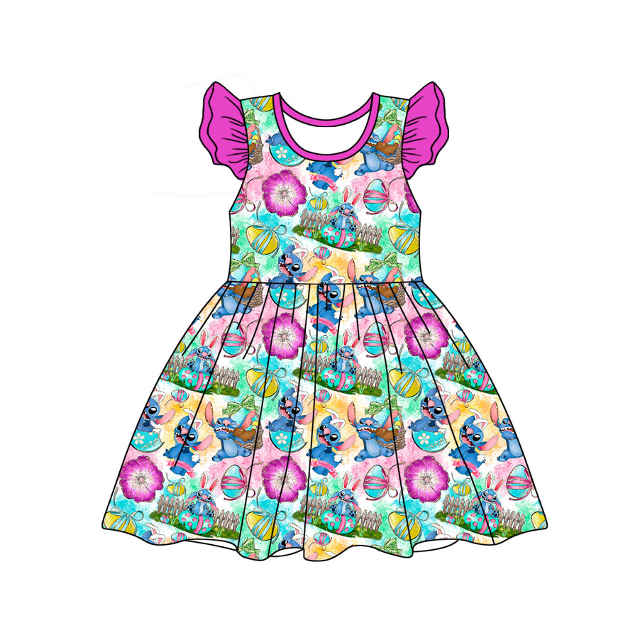 no moq GSD1691 pre-order baby girls clothes EASTER stitch flying sleeve dress-2024.12.10