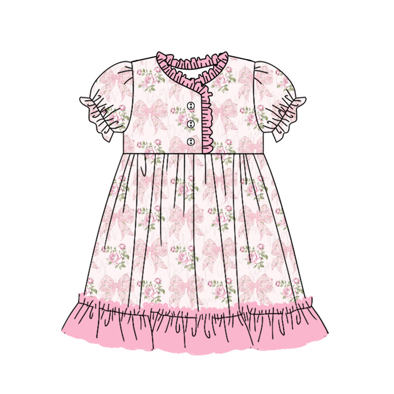 no moq GSD1713 pre-order baby girls clothes bow floral pink short sleeve dress-2024.12.13\